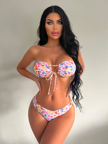 Swimsuit Women Floral Strapless Bikini Backless Lace up Split Swimsuit