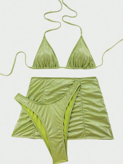 Women Swimsuit Sexy Flash Fabric Three Piece Metallic Coated Fabric Bikini Swimsuit