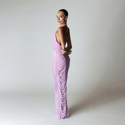 Summer Women Clothing Sexy Deep V Plunge neck Halter Stitching Mesh High Waist Dress