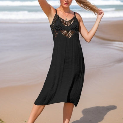 Summer Mid Length Vacation Beach Dress Solid Color Sleeveless Hollow Out Cutout-out Camisole Bikini Smock Dress