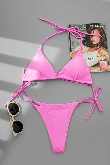 Sexy Sling Halter Bikini Women High Waist Strap Solid Color Split Swimsuit Bikini
