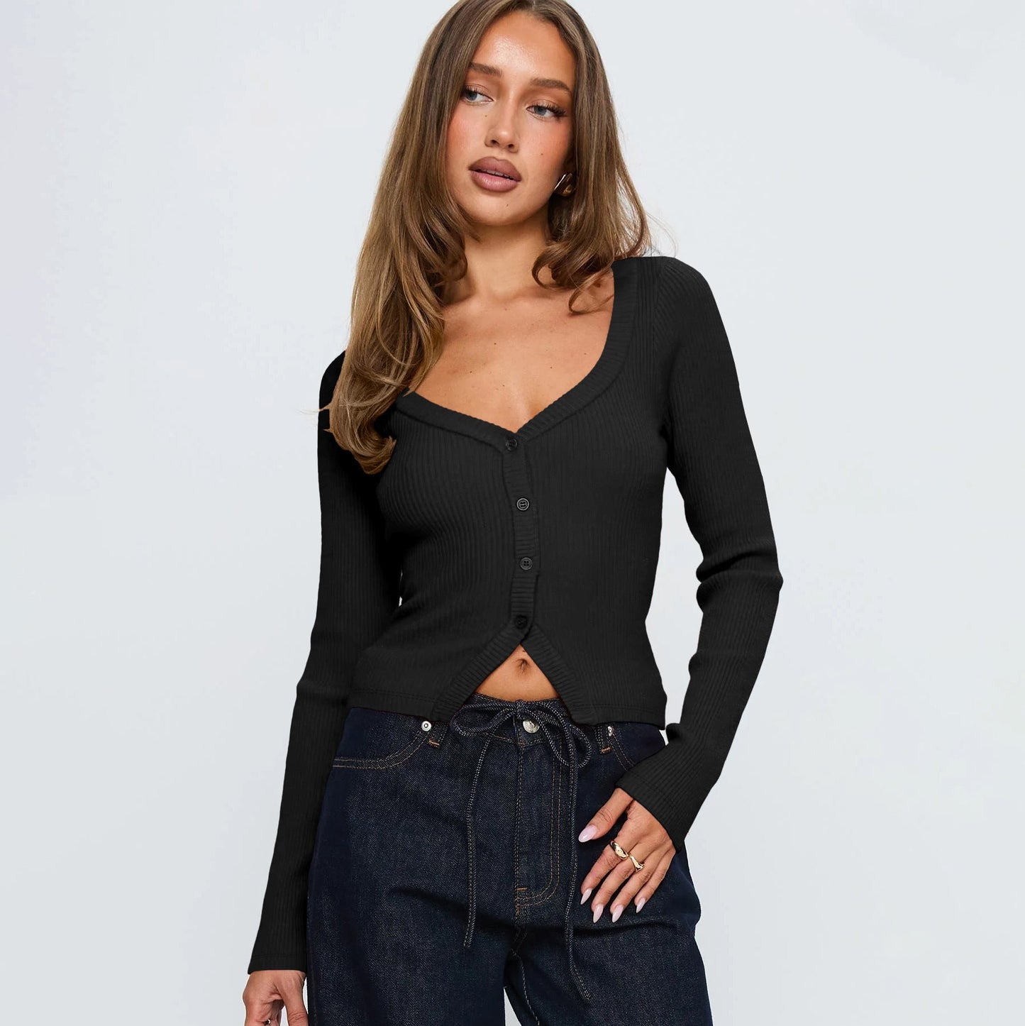 Women Fall Winter V neck Long Sleeve Ribbed Button Cardigan Slim Fit