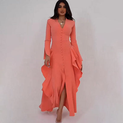 Summer V neck Long Slit Elegant Ruffle Dress