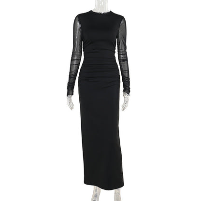 Autumn Long dress Socialite Elegant Slim Fit Mesh Sleeves Solid Color Dress Women