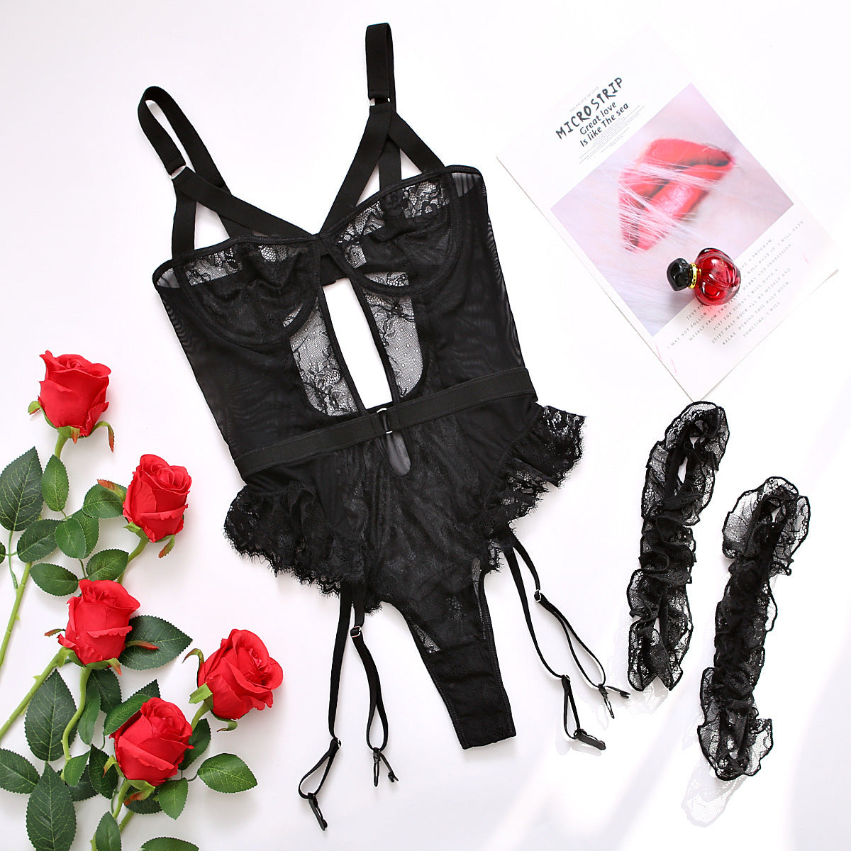 Sexy Lace Lace Cutout See through Sling One Piece Sexy Lingerie Jumpsuit with Leg Ring