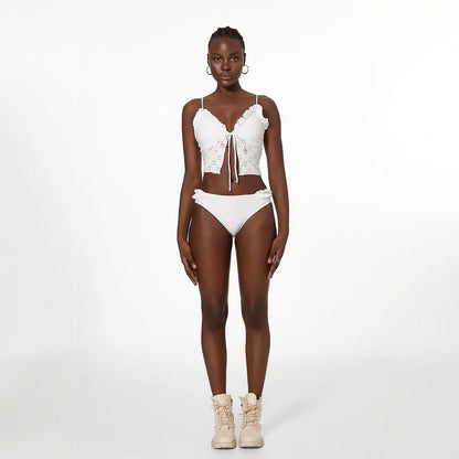 Bikini Swimsuit Tube Top Split Lace up Solid Color Lace Bikini Swimsuit