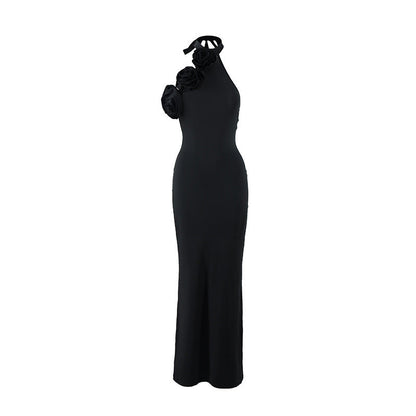 Women Clothing Three Dimensional Floral Sexy Halter Backless Split Dress