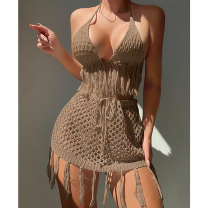 Knitted Lace Up Tassel Bikini Skirt Outfit Sexy Bikini Beach Cover Up Crochet hook