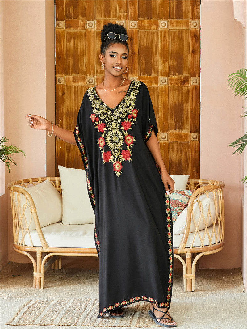 White Rayon Embroidered Beach Cover Up Robe Vacation Skirt Embroidered Dress Beach Cover Up