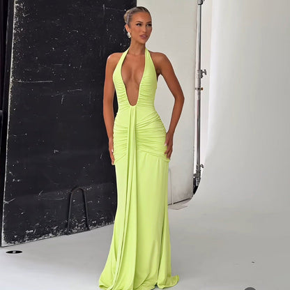 Spring Summer Women Elegant Sexy Deep V Plunge neck Halter Slim Pleated Dress Women