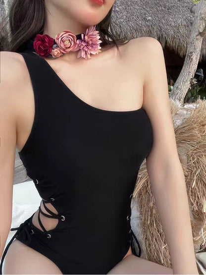 Retro Floral Shoulder Lace up Slimming Sexy Spring Vacation Swimsuit Women