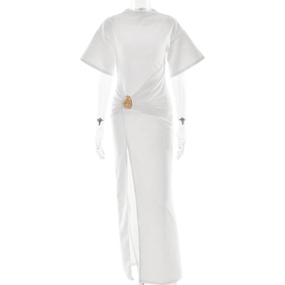 Arrival Pleated round Neck Dress Women Sexy High Split Hip Bag Dress