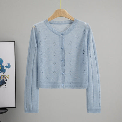 All Matching Hollow Out Cutout Sun Protection Short Knitted Cardigan Women Summer Figure Flattering Outerwear Top
