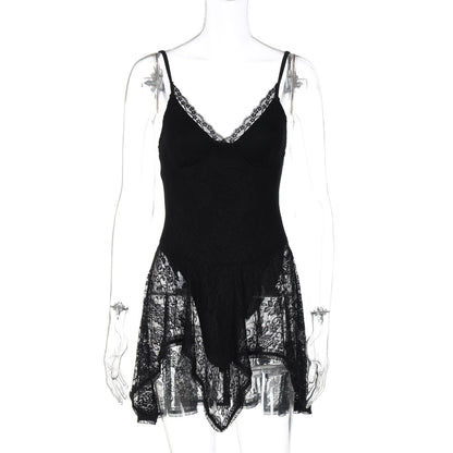 Summer Sexy Sexy Jumpsuit Stitching Lace Skirt V neck Brace Dress Women