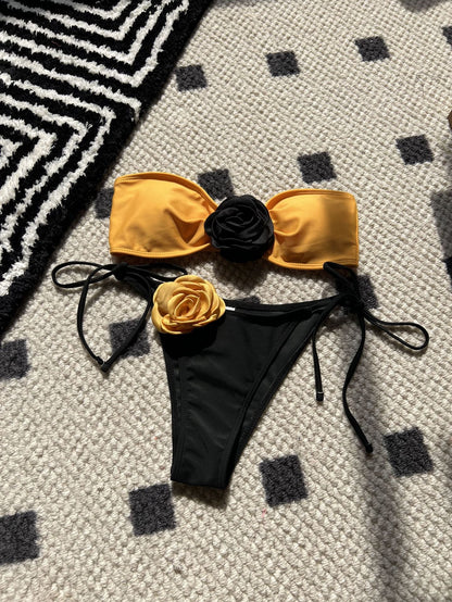 Color Matching Rose Tube Top Lace up Drawstring Strap Split Swimsuit Bikini