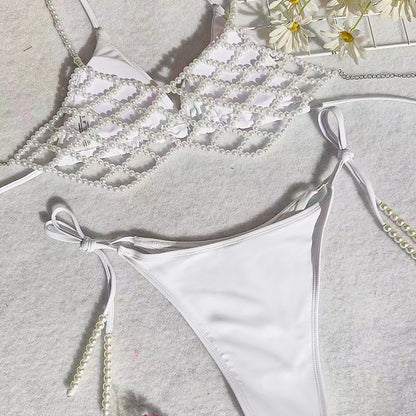 Pearl Chain Tied Swimsuit Women Sexy Bikini Advanced Split Three Piece Set