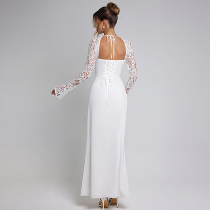 Autumn Women Wear Low Cut Self Tie Lace Slim Fit Slit Sexy Dress