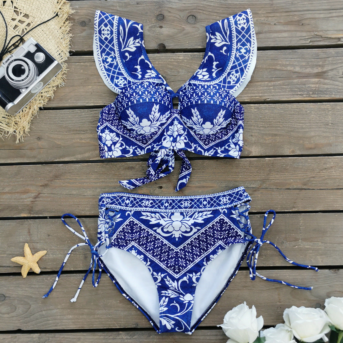 High Waist Lace Up Printed Split Swimsuit Women Bikini Skirt Three Piece Ruffled
