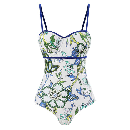 One Piece Swimsuit Women Skinny Slimming Vintage Printed Chiffon Dress with Steel Bracket Hard Bag Swimsuit