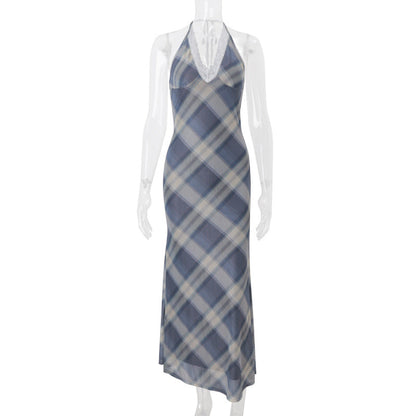 Women Clothing Summer Sexy V neck Lace Plaid Sweet Retro Slim Fit Dress Women