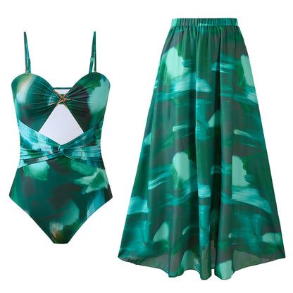One Piece Swimsuit Women Printed Sexy Two Piece Sets Swimwear Chiffon round Skirt