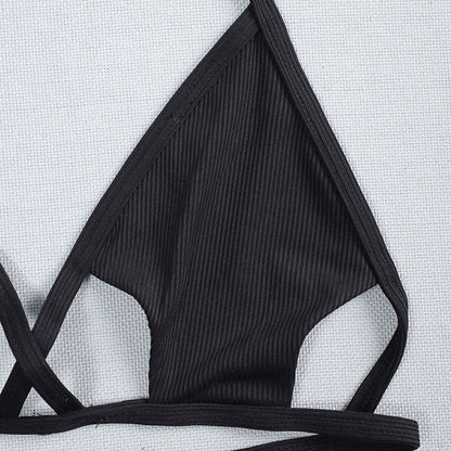 Lace up Halterneck Women Bikini Top Sexy Solid Color Hollow Out Cutout Beach Swimsuit