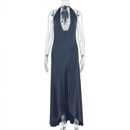 Women Clothing Waist Slimming Solid Color Hip V neck Pleated Draped Chest Wrapped Dress