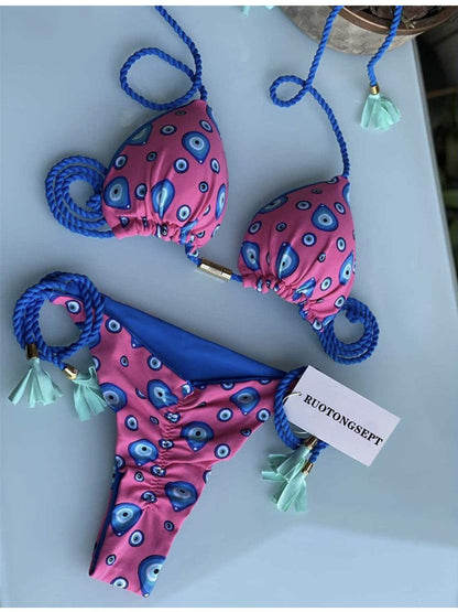 Bikini Soft Bag Low Waist Braid Rope Printed Women Seperated Swimwear Multi Color Swimsuit