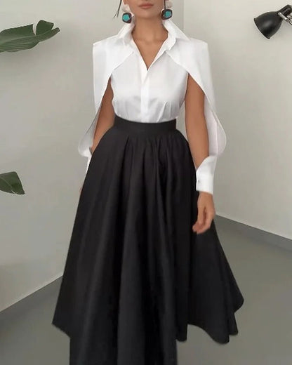 Ladies Collared Long Sleeve Hollow Out Cutout Solid Color Dress Two Piece Sets