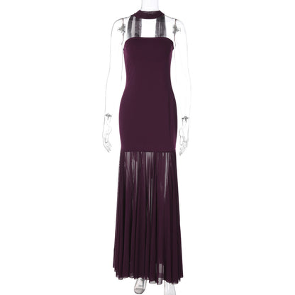 Women Clothing Autumn Winter Sexy Mesh Stitching Tube Top Evening Maxi Dress Women