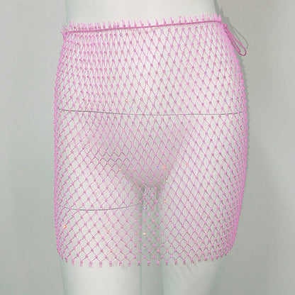 Women Clothing Sexy Fishnet Rhinestone Skirt Sweet Spicy Mini Skirt Rhinestone Miniskirt Women