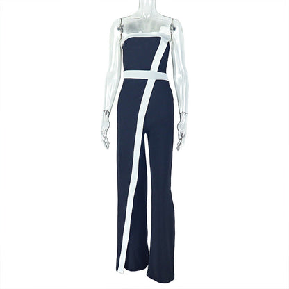 Casual Office Women Black White Color Contrast Patchwork Jumpsuit Slim Fit Diagonal Collar Backless Long Jumpsuit