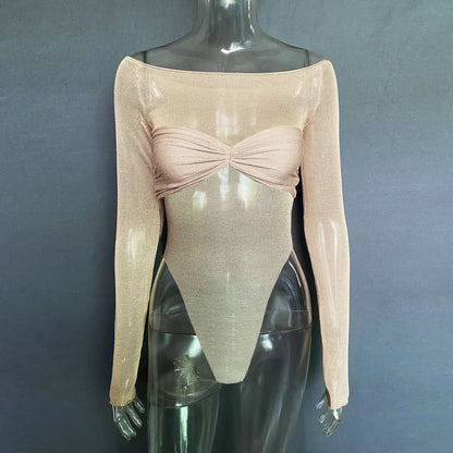 Spring Summer Best Women Clothes Off Neck See Through Triangle Jumpsuit