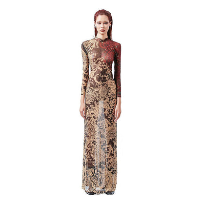 Women Clothing Spring Retro Mesh Personalized Printed Turtleneck Slim Slimming Dress for Women