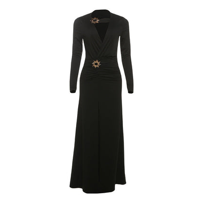 Fall Women Clothing Sexy Deep V Plunge neck Split Dress Solid Color Dress Women