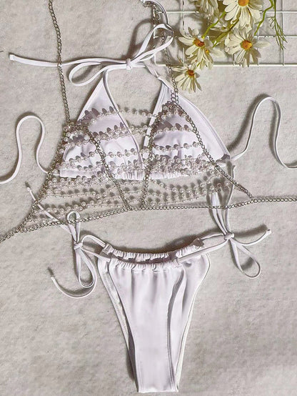 Sexy Pearl Chain Bandage Swimsuit Women Split Three Piece Bikini