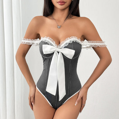 Women Striped Bow Suspenders Stitching Lace Slim Jumpsuit Women Clothing