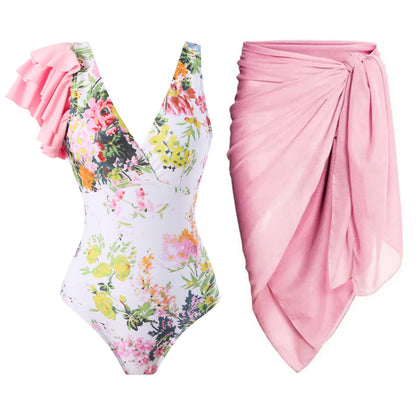 Ruffled One Piece Swimsuit Women Retro Swimsuit Bikini Mesh Beach Skirt Set