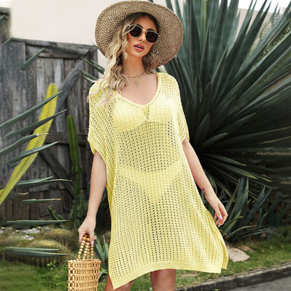 Spring Summer Loose Beach Dress Stitching Hollow Out Cutou Blouse for Women