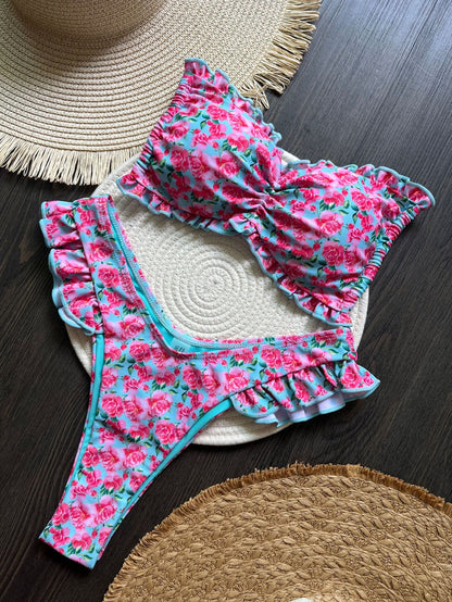 Floral Print Flying Bikini Low Waist Lace up Biquini