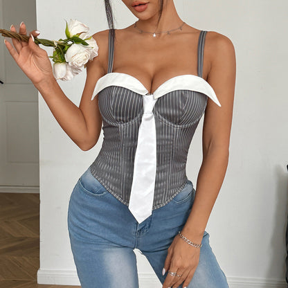 Sexy Women Low Cut Tie Stitching Contrast Color Boning Corset Top Wrapped Chest Sexy Vest