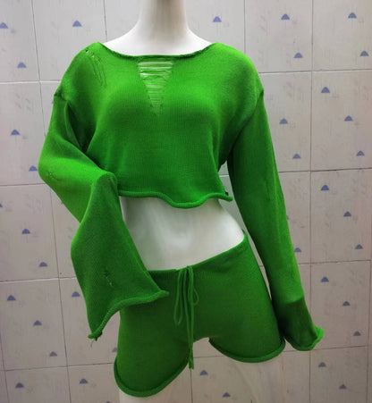 Knitted Two Piece Women Spring Summer Seaside Vacation Sun Protection Short Top Sexy Shorts Suit