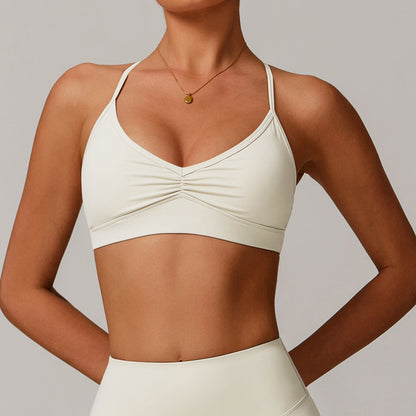 Sollinarry V neck Yoga Bra Cross Back Slimming Pleated Underwear Running Sports Workout Bra