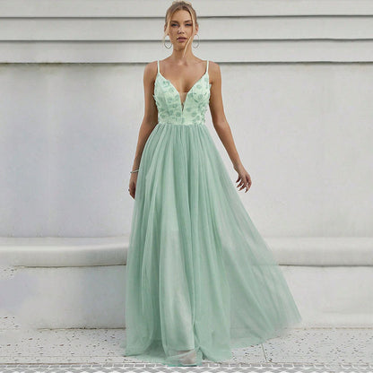 Evening Dress Sexy Hollow Out Cutout out Backless Deep V Plunge Lace Stitching Long Sleeve Dress