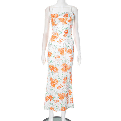 Spring Waist Controlled Long Spaghetti Strap Floral Print Slim Fit Lace up Dress