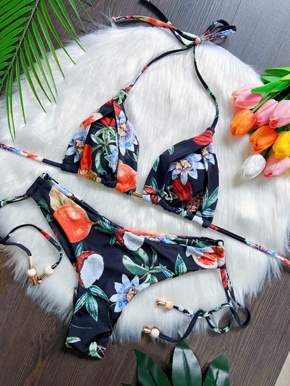Sexy Bikini Floral Split Bikini Beach Vacation Backless Swimsuit Bikini Gather Swimwear