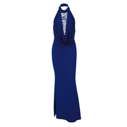 French Women Clothing Winter Lace Stitching Sexy Hollow Out Cutout Backless Split Halter Dress