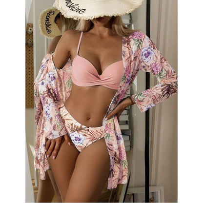 Three Piece Swimsuit Green Leaf Printed Bikini Hard Bag Bikini Manufacturer