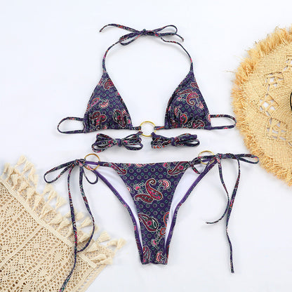 Sexy Metal Three Ring Bikini Printed Lace up Split Swimsuit Women