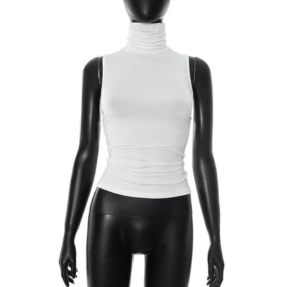 Women Clothing Summer Elegant Sleeveless Solid Color Turtleneck Backless Top
